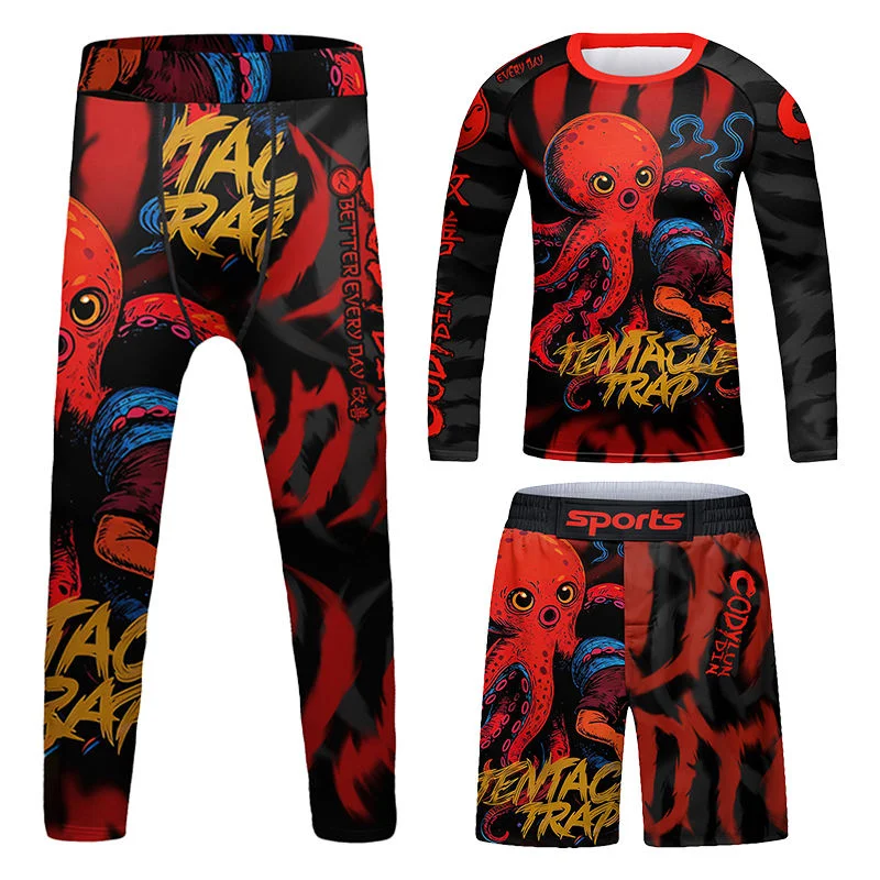 Children Boys Rash Guard Jiu-jitsu T-shirt and Boxing Wear UPF50 Nylon Gym Rashguard Shirt+MMA Shorts+Leggings Pants 4 Pcs/Sets