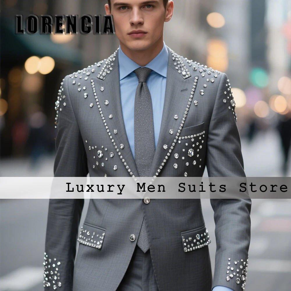 

Glitter Crystal Male Suits 2 Pieces Single Breasted Tuxedos for Wedding Groom Customized Blazer Pants ternos masculino completo
