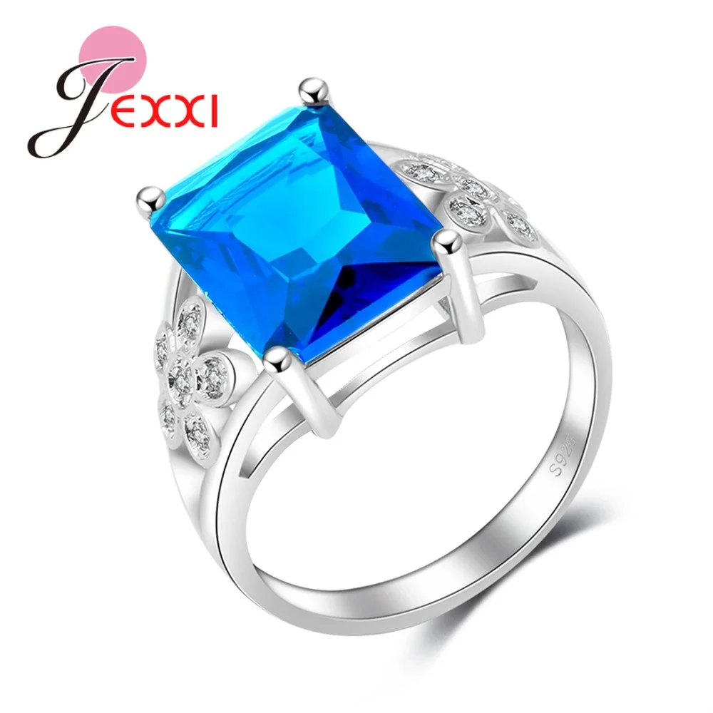 Big Africa Blue Zircon Rectangle With Double Cute Flowers Women Jewelry 925 Sterling Silver Color Rings Best Quality Girls Ring