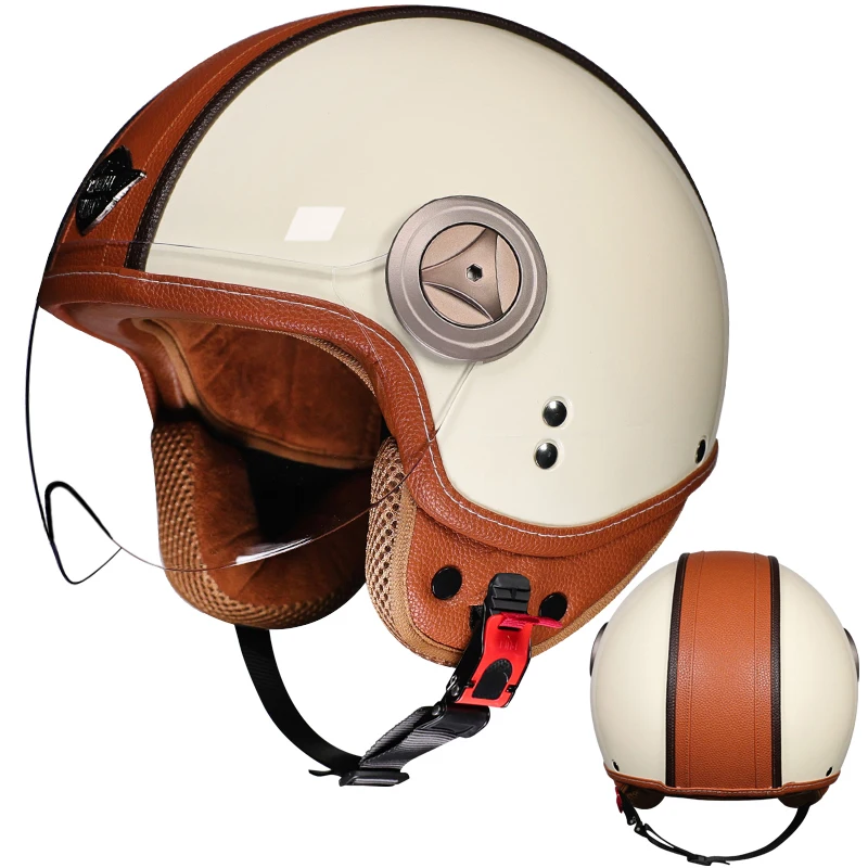 

Retro Half Face Motorcycle Helmet Leather Stitching Beige Brown Open Face Helmet DOT Safety Helmet with Clear Visor