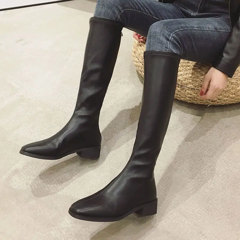 Botas Largas de cuero con forro polar negro para mujer, zapatos de medio temporada de diseñador de lujo, elegantes y elegantes, Y2k Pu, hasta la rodilla