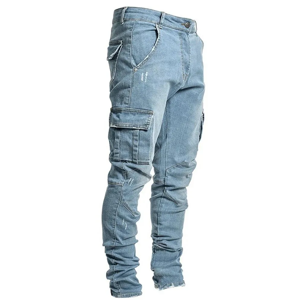 New Jeans Men Pants Wash Solid Color Multi Pockets Denim Mid Waist Cargo Jeans Plus Size Fahsion Casual Trousers Male Daily Wear