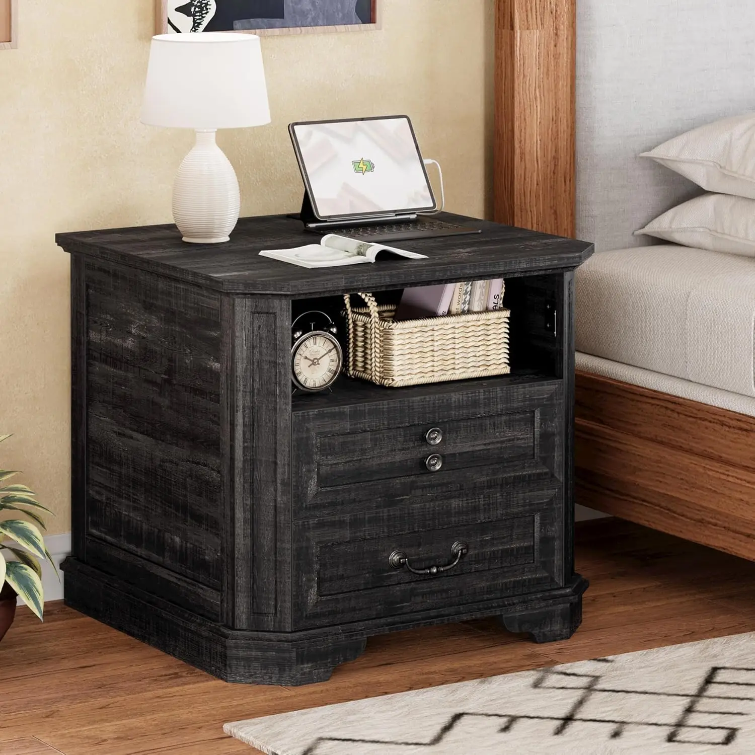 

Night Stand 23.4" Farmhouse End Table with Charging Station, Large Sofa Side Table with 2 Drawers, for Bedroom, Living Room, Clo