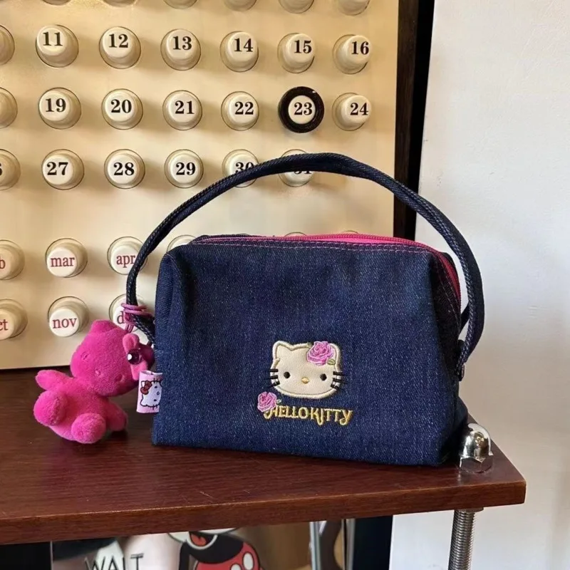 Sanrio Hallo Kitty Y2k Stickerei Denim Tasche Vintage blau kleine Handtaschen Harajuku niedlichen großen Kapazität Reiß verschluss taschen für Frauen 2024