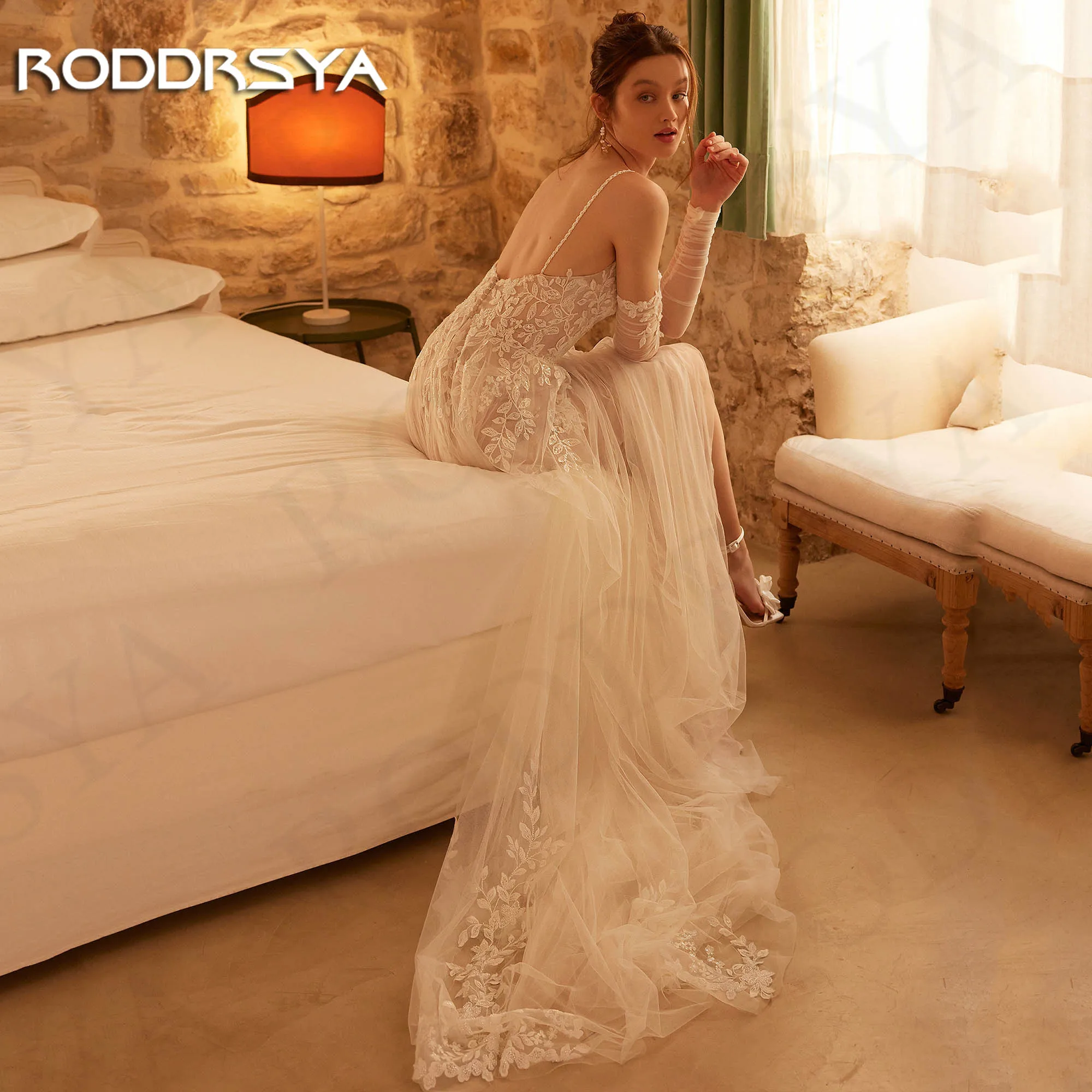 RODDRSYA Backless A Linha Vestidos De Casamento 2024 Encantador Tule V Pescoço Mangas Destacáveis Vestido De Noiva Apliques robes de mariée Vestidos de noiva em linha A sem costas 2024  Encantador vestido de noiva de t