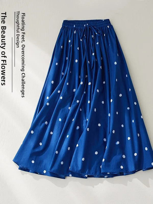 Retro azul bolinhas cintura alta leve saia feminina a linha midi dr dstring elástico emagrecimento solto verão faion