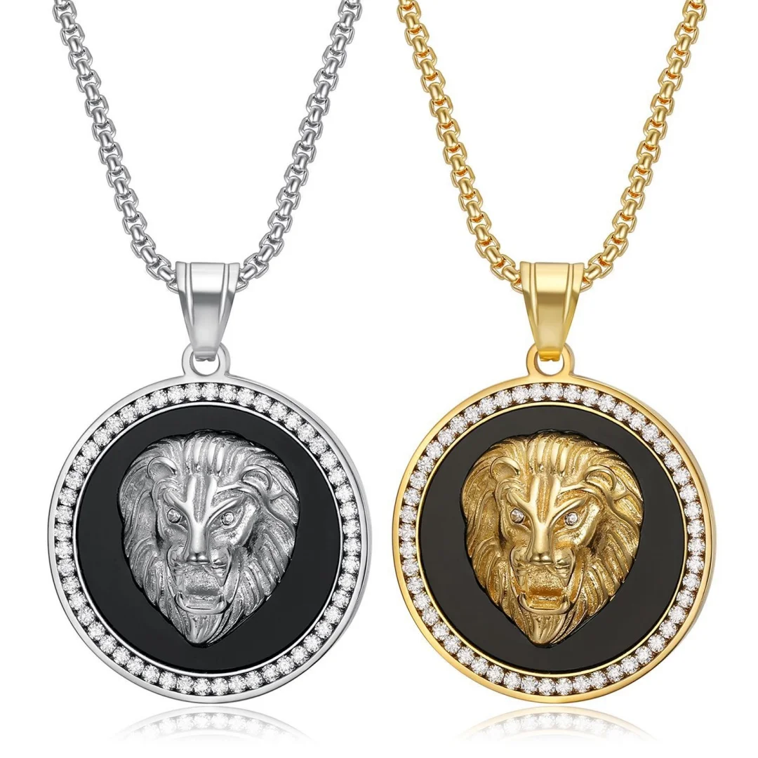 

Punk Fashion Animal Lion Head Pendant Gold Silver Color Stainless Steel Iced Out Zirconia Round Necklace for Woman Man Jewelry