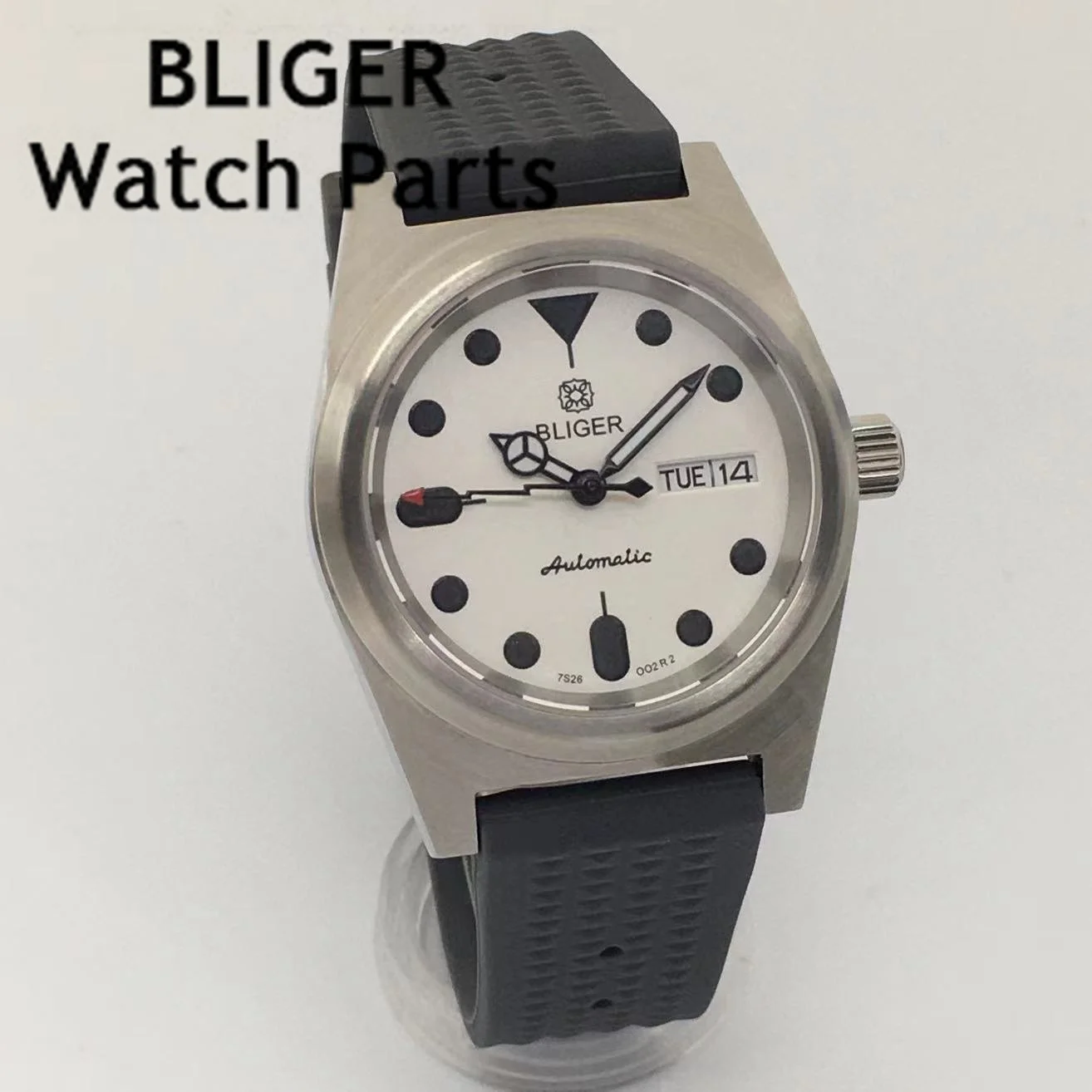 BLIGER 38mm Waterproof NH36 Movement Watch Black White Dial Sapphire Crystal Automatic Men\'s Watch Curved Rubber Strap