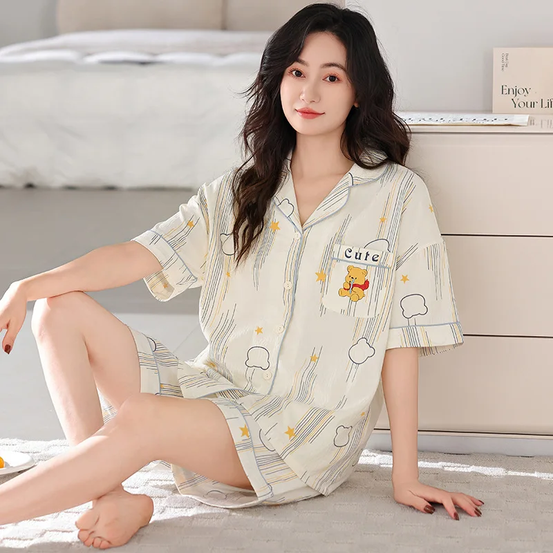 

Летний домашний комплект из облачного хлопка для женщин: свободная одежда с коротким рукавом, милый мультяшный принт, дышащий, охлаждающий эффект