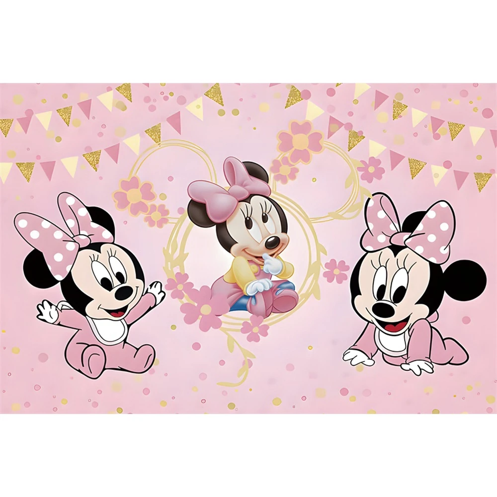 Fondo de dibujos animados de Disney para niñas, pajarita de género rosa de Minnie y Mickey Mouse, pancarta personalizada para fiesta de cumpleaños y