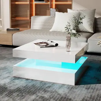 Image White LED Coffee Table for Living Room, Wood Square 2-Tier Storage Modern Center Table, Glossy Contemporary Coffee Table with 16