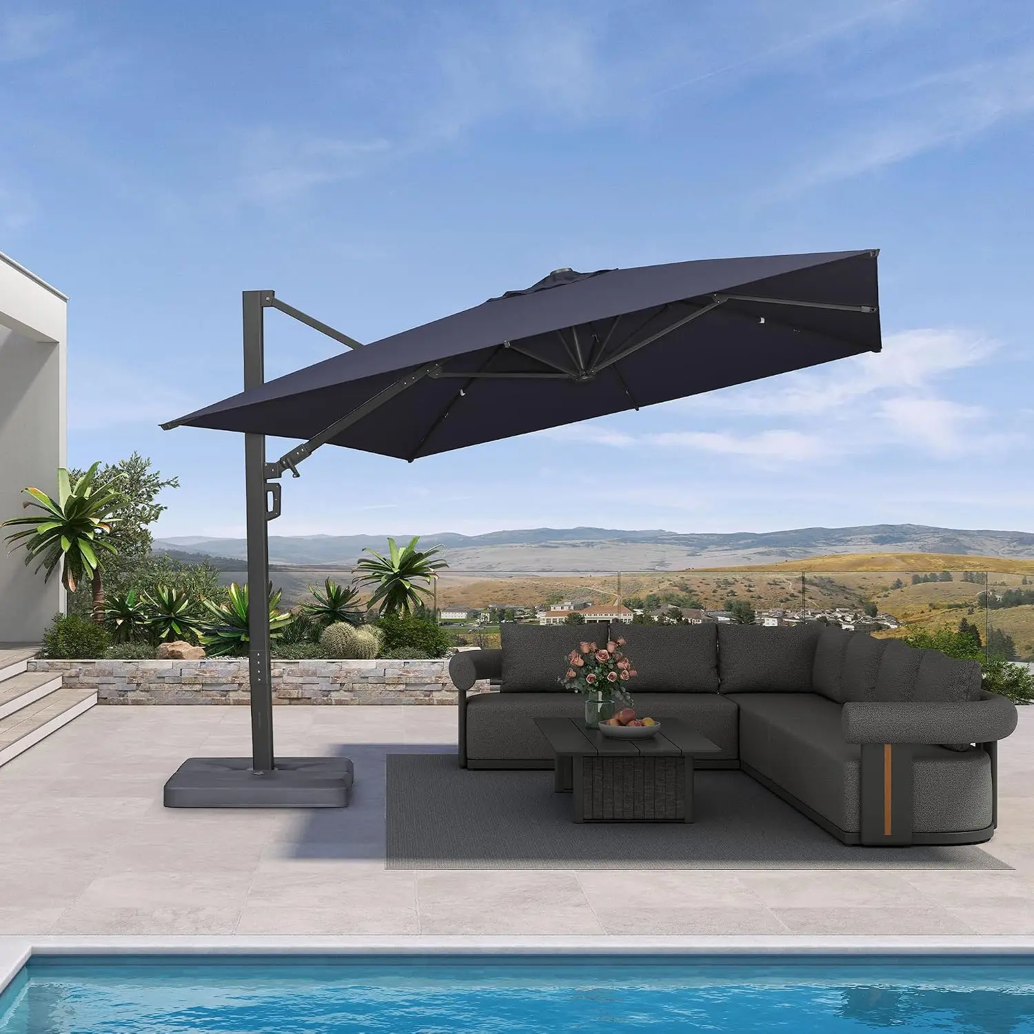 Cantilever Umbrella 10' x 13' Rectangle 360 Rotation, Navy Blue, Custom