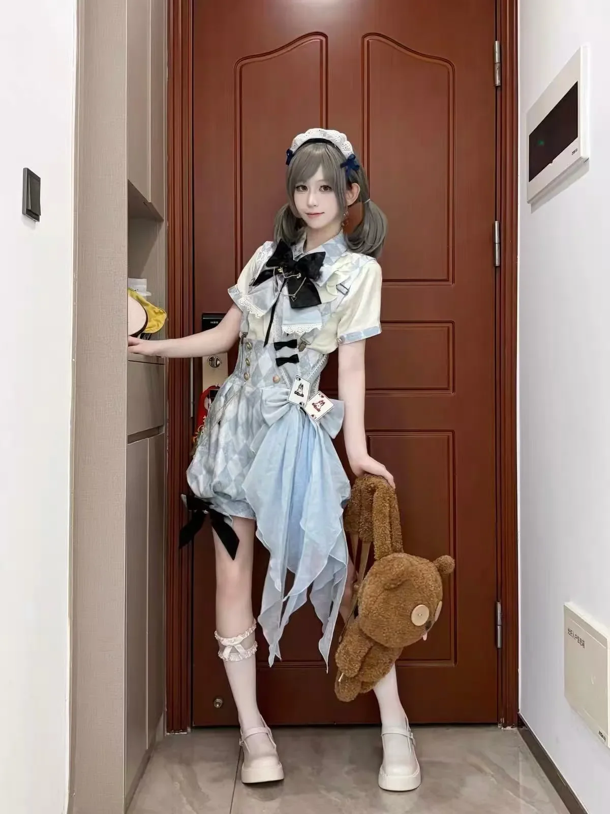 Gothic Lolita Japanese Vintage 2 Piece Set Women Argyle Print Bow Short Sleeve Blouse Suspender Shorts Kawaii Cosplay Outfit