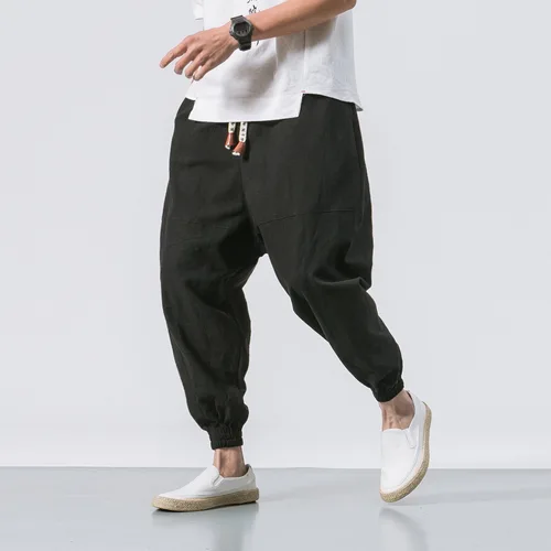 Imagen 2 del producto Nueva marca de pantalones Harem de gran tamaño para hombre, pantalones de lino chinos para hombre, pantalones sueltos informales de alta calidad para hombre