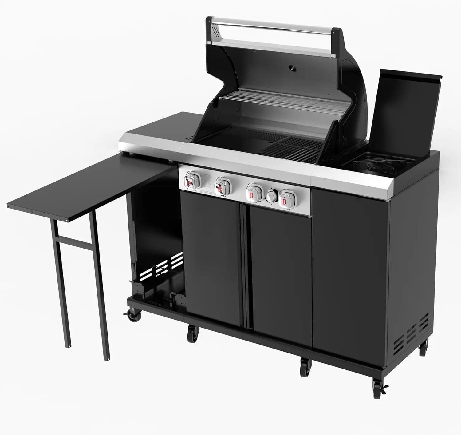 

44,000 BTU 4-Burner Propane Gas Kitchen Grill Island with Side Burner - Stainless Steel BBQ Outdoor Griddle Grill Combo, LPG/NG Convertible, Storage Cabinets & Fold-Out Table, Black