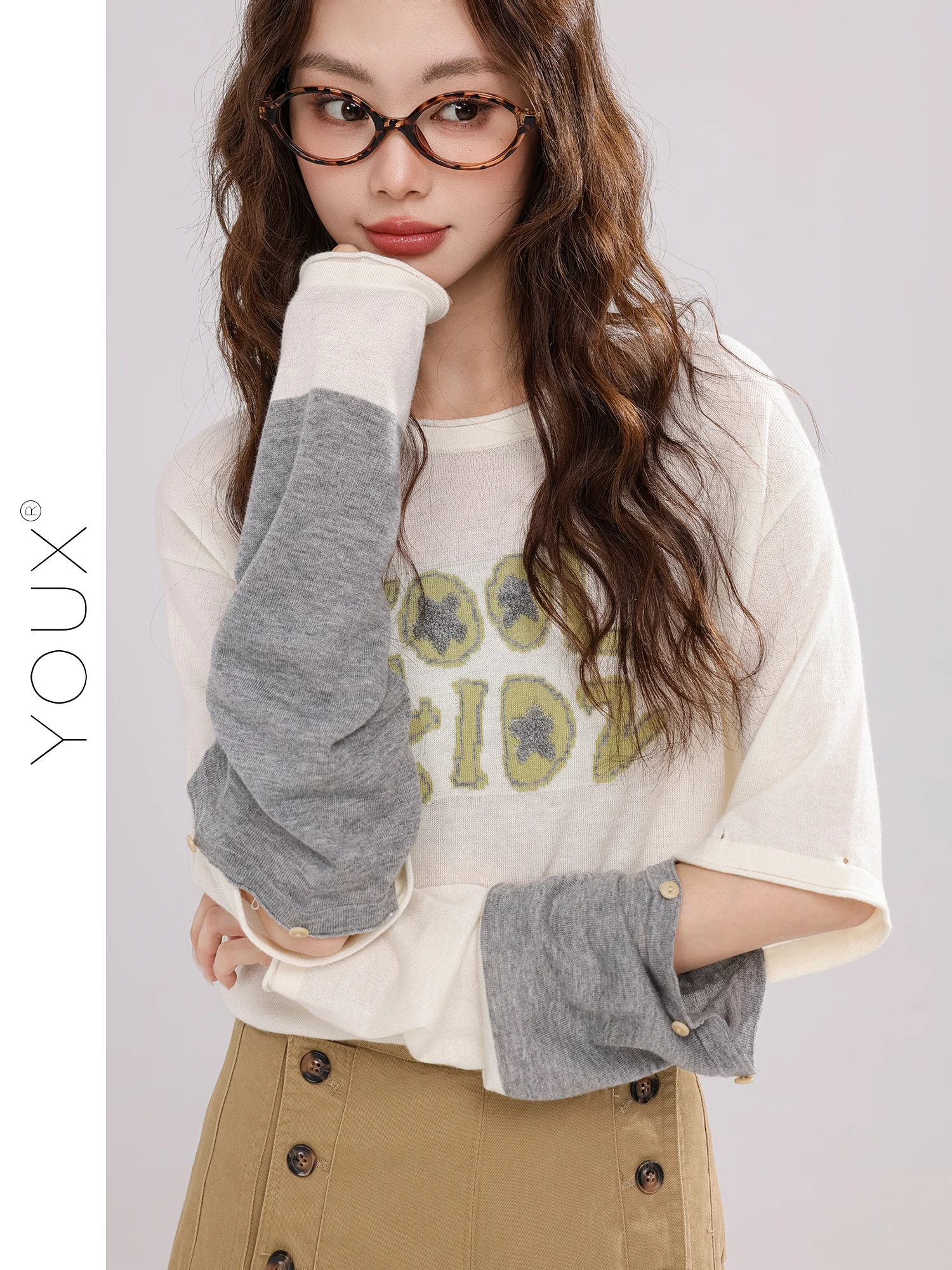 

Gray Salt Gradient Long Sleeve Knitted Sweater Women's Removable Design Autumn New Style Casual Loose Fit round Neck Top