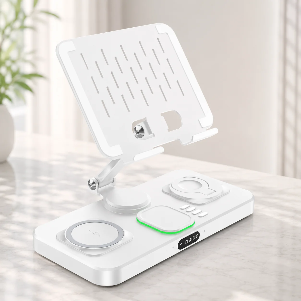 Station de charge magnétique pour Apple 17 16 15 14 13 12, chargeur sans fil avec horloge et lumière, support de charge filaire pliable pour iPad/Tablette, chargeur Mag-Safe pour Apple Watch et AirPods