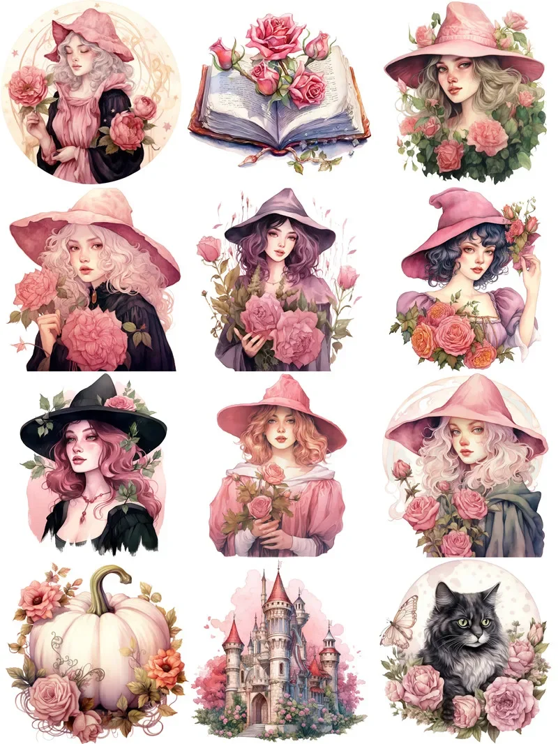 12Pcs/Pack Pink Witch Sticker DIY Craft Scrapbooking Album Junk Journal Decorative Stickers