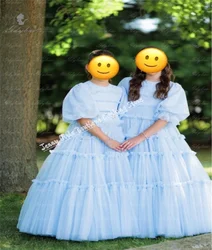 Light Blue Tulle Flower Girl Dresses Half Sleeve Puffy Bridesmaid Girl For Birthday Prom First Communion Gowns
