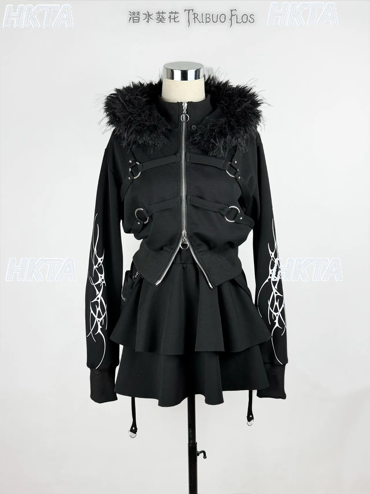 

Original Sweatshirt Short Jacket Skirt Set Women Japanese Subculture Black Printed Gothic Jacket and Pleated Skirt 2-piece Set