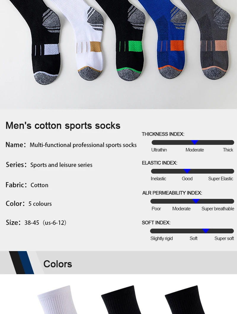 5 Paar Herbst-Herrensocken aus Baumwolle, mittellang, hohe Elastizität, atmungsaktives Mesh, dickes Frottee, schweißableitende Sportsocken – Detail 7