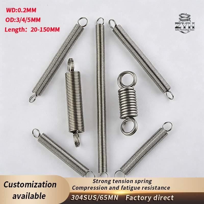 

2pcs 304SUS/65MN Closed End Tension Spring WD0.2mm, OD3-5mm, Length 20-150mm Hardware Accessories Strong Tension Spring