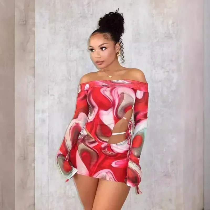 

GUWU Printed Women Two 2 Piece Set Outfits Long Sleeve Strapless Side Lace-up Top and Mini Skirt Suit Street Summer Dress Set