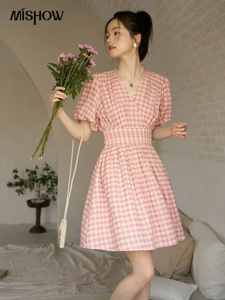 MISHOW Pink Plaid Dress for Women 2023 Summer A-LINE Puff Sleeve V-Neck Retro Pullover Elastic Waist Slim Midi Dress MXC35L1461