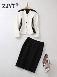 ZJYT Autumn Color Block Blazer Suit Skirt Two Piece Dress Sets Women Outfit Elegant Office Formal Conjuntos De Falda Vestidos