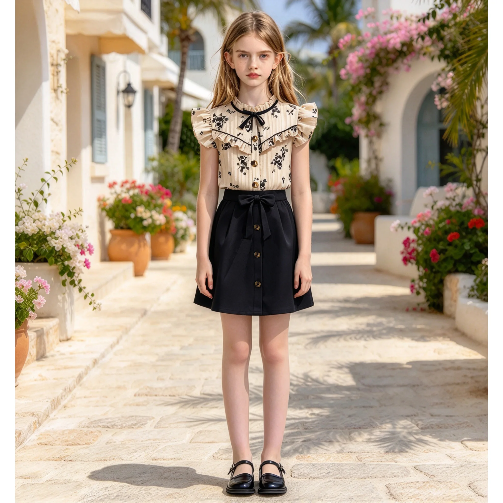 Sweet Girls Summer 2 Piece Skirt Set 8-12Y, Hot Selling Floral Ruffle Cap Sleeve Top with Black Bow Decor A-Line Skirt