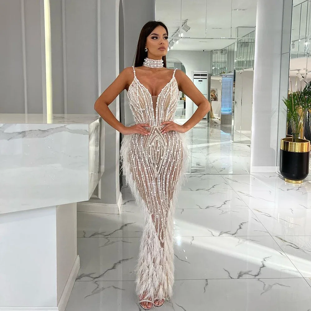 Hot Sale White Nude Mermaid Spaghetti Strap Beaded Feather Evening Dresses Prom Gowns 2023 For Woman Wedding Party LA72047