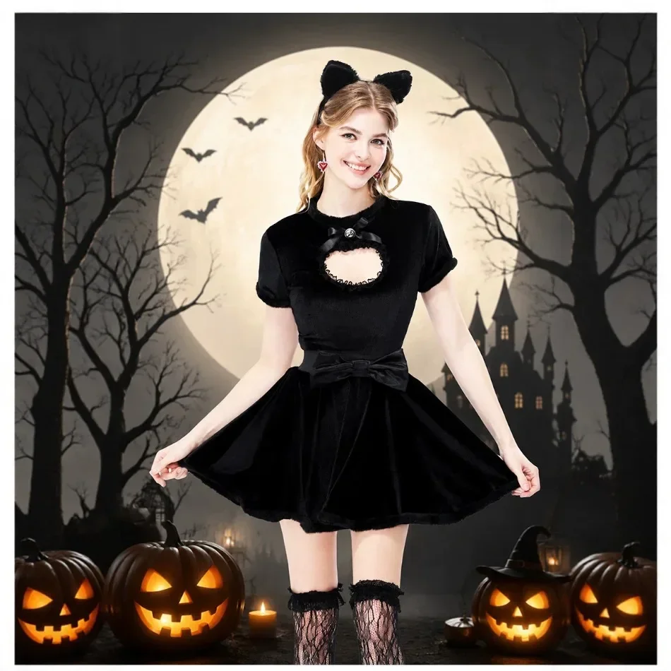 Women Black Cat Cosplay Costume Heart Cutout Velvet Mini Dress Bow Waist Outfit Halloween Carnival Theme Party Fancy Dress PS66