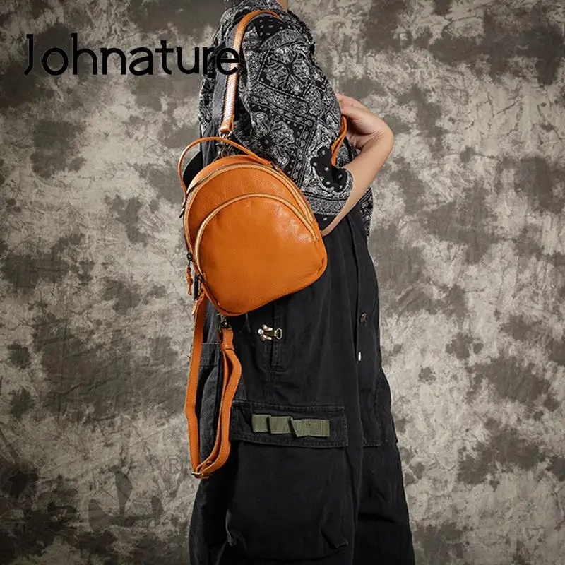 Johnature Handmade Vintage Genuine Leather Bagpack Women Backpack 2024 New Leisure Soft Cowhide Solid Color Travel Bag