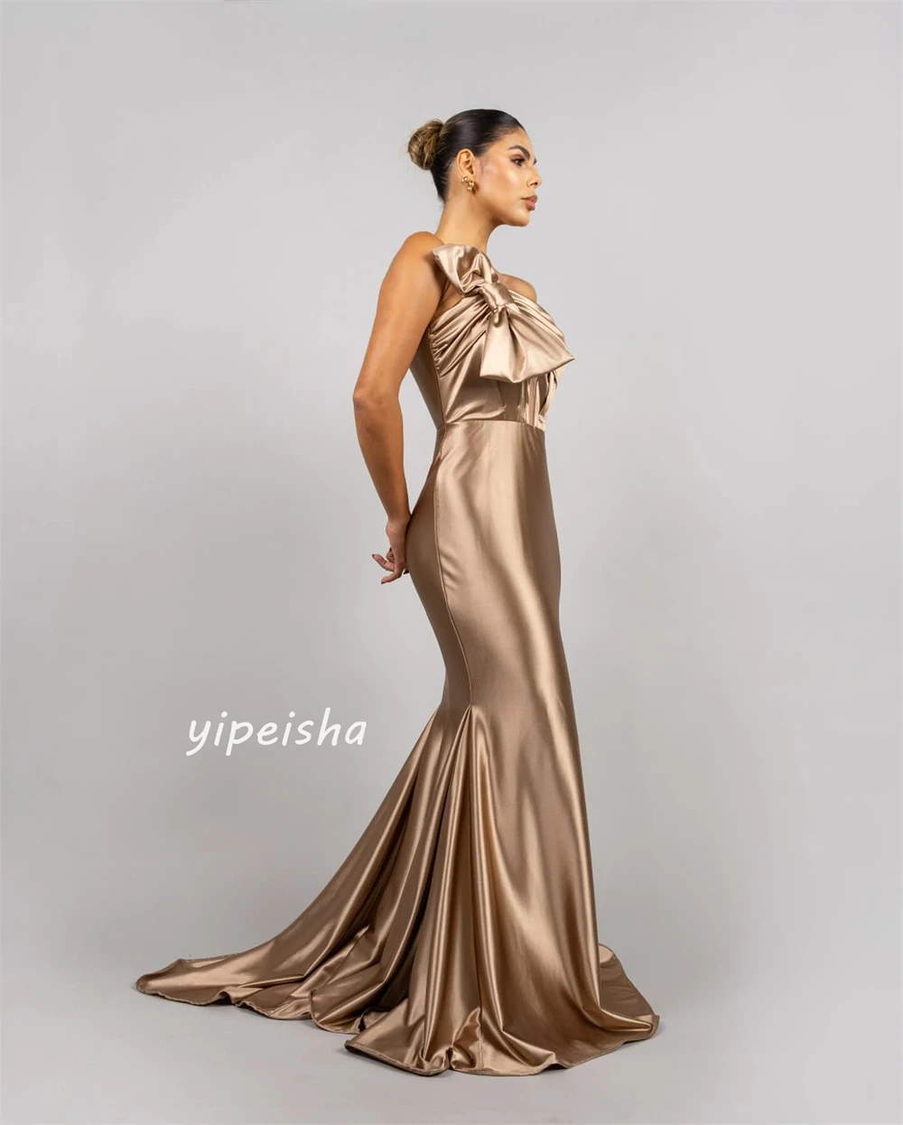 Customized Satin Bow Ruched Homecoming Mermaid Strapless Bespoke Occasion Gown Long Dresses