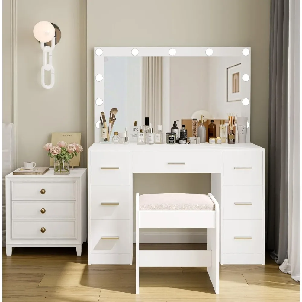 Vanity Table, Makeup Table with Lighted Mirror, 3 Color Lighting Modes, Brightness Adjustable, Dressing Table with Drawers