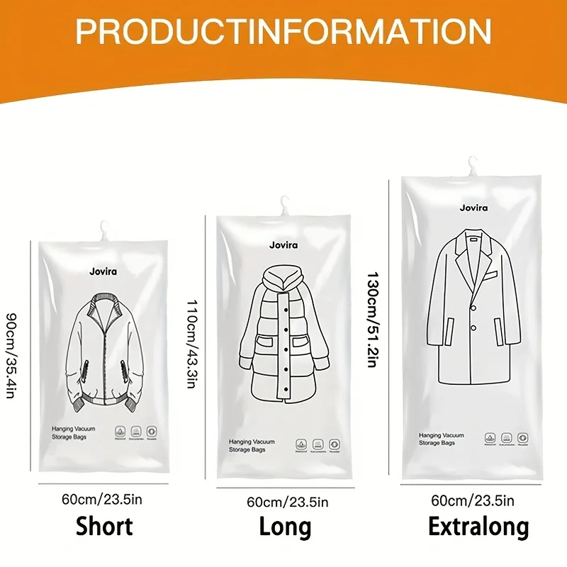 4-piece set, hanging vacuum compression storage bag, with three sizes to choose from: short, long, and long. Suitable for storing suits, dresses, jackets, and other clothing. Reusable vacuum compression bag. Products that save wardrobe space.