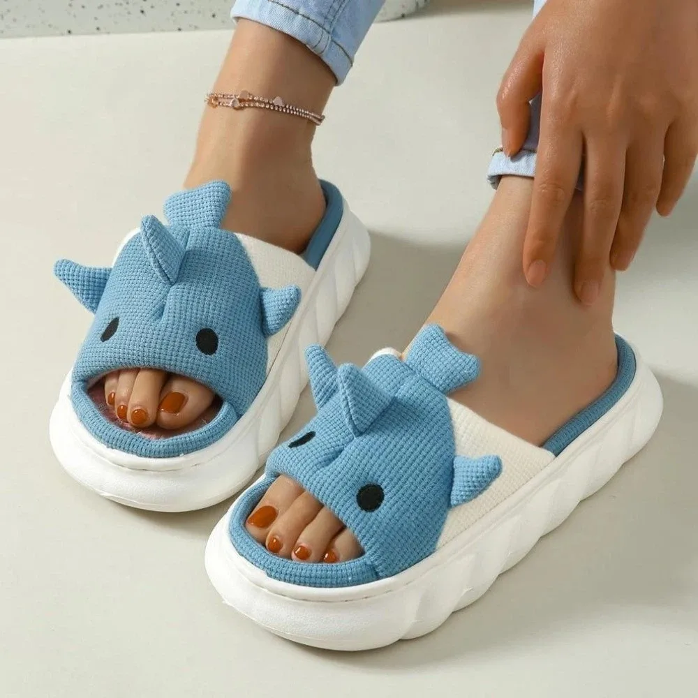 الكرتون غائم أسماك القرش النعال القرش نعال قماش أحذية الشتاء الحيوانات شبشب شتوي لينة المضادة للانزلاق الكتان النعال عنبر #4