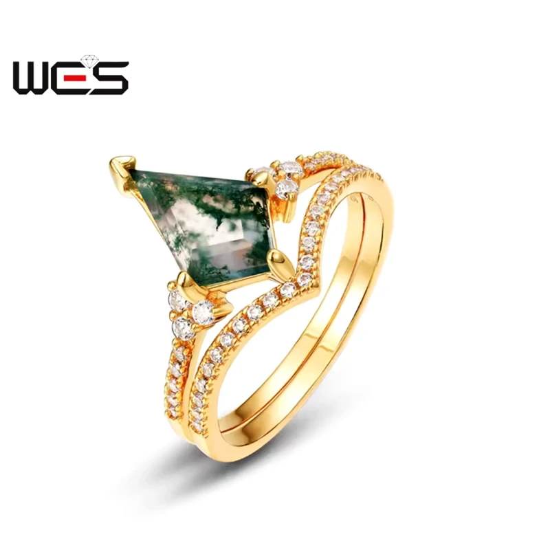 WES 925 Sterling Silver Kite Cut Natural Moss Agate Gold Ring Sets For Woman Wedding Bridal Set Valentine Gift Jewelry Wholesale