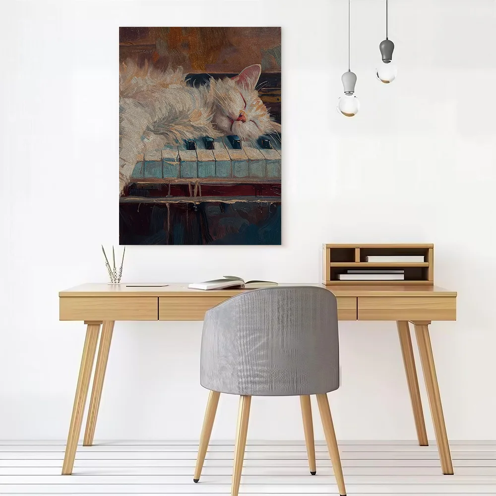 Sleeping Cat on Piano Keys Canvas Poster Customizable Printed Canvas Painting Wall Art for Fans Room Decoration Aesthetic Home