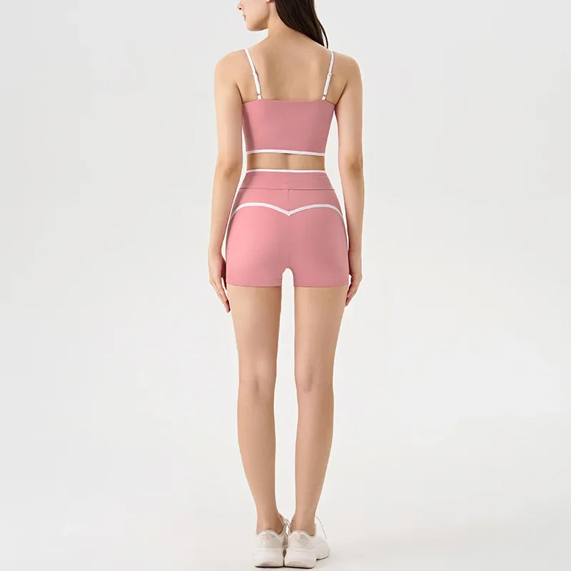 

2-Piece New Women Yoga Set Contrast Color White Strip Running Drawstring Pants Shorts Sports Underwear Bra Running Fitness Set