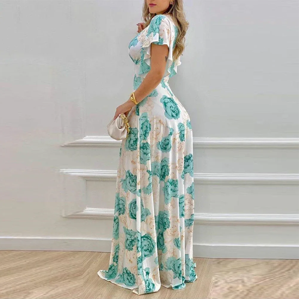 Womens Dress Beautiful and Feminine Long Dress for Women with V Neckline High Waist and Blue and White Flower Print