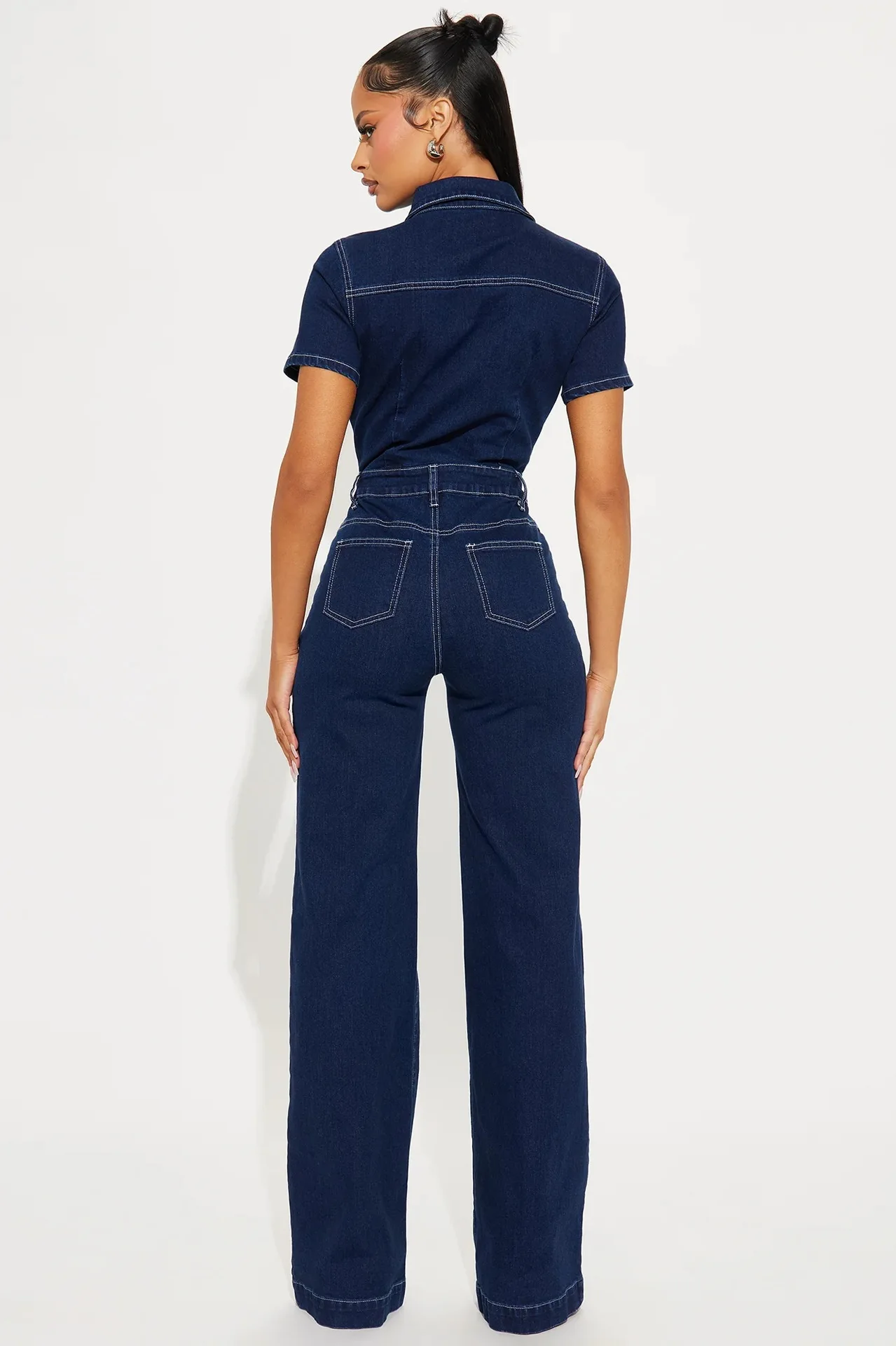 Women Jumpsuit Summer Fashion Slim Fit Short Sleeve Patch Pocket Stretch Denim Jumpsuits  Casual Workout Wide Leg Jeans Rompers