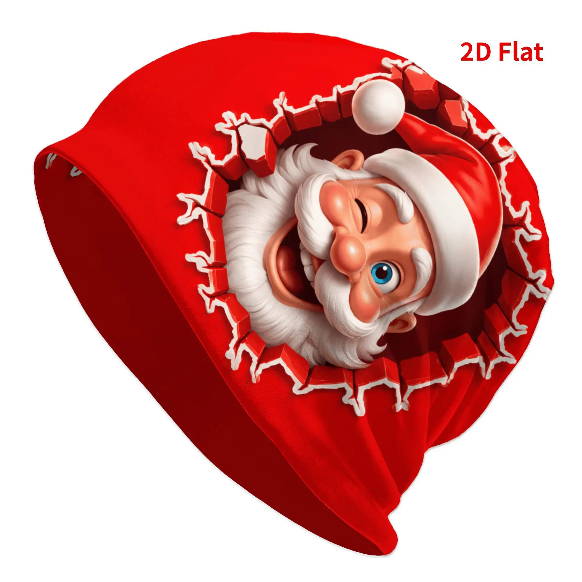 Winking Santa Hat 2D Print Bonnet with Smiling Face, Warm Thin Beanie Suitable for Casual Wear, Christmas Parties