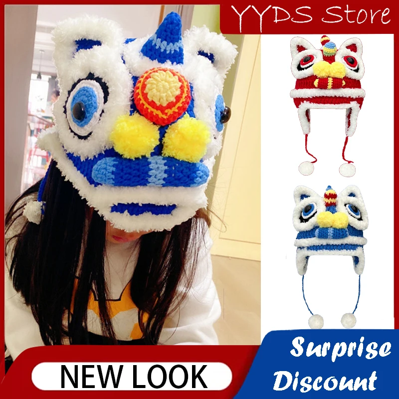 

Parent-child Handmade Crochet Tiger Head Hat Men Women Chinese Lion Dance Earflap Bomber Winter Thick Ski Cap For Kids Warm Gift