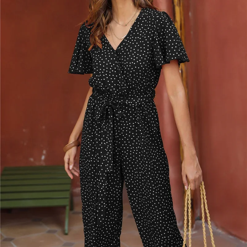 Dot Print Ruffle V-Neck Jumpsuits Summer Women Casual Loose Homewear Vintage Short Sleeve Playsuits 2021 Boho Rompers Overalls