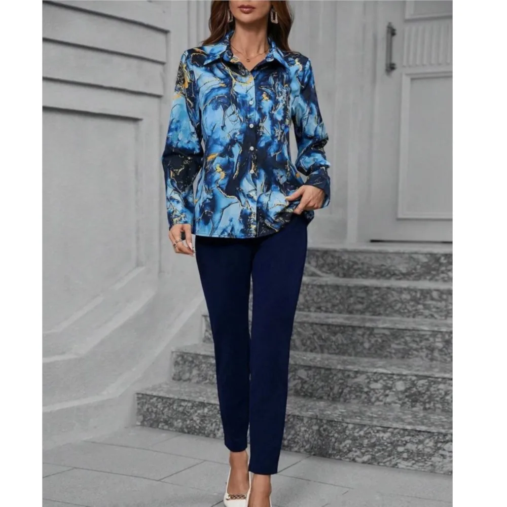 Fashion Printed Long Sleeved Shirt Women\'s Office 2piece Spring Autumn Casual Simple Slim Elegant Female Small Feet Trouser Suit