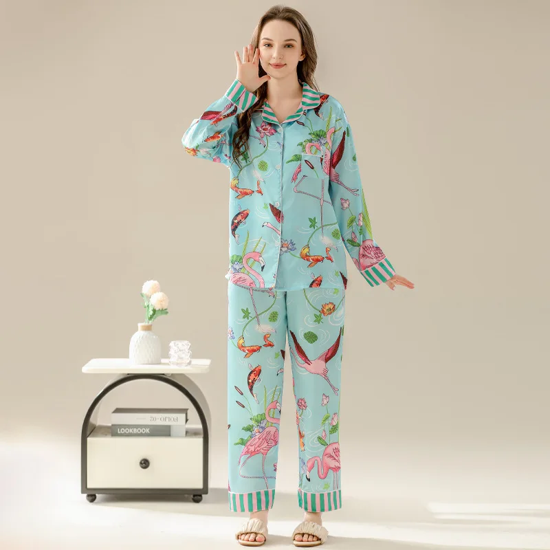 Women\'s Pajamas Sets Spring Autumn 2 Piece Flamingo Print Pyjama Faux Silk Satin Sleepwear Long Sleeve Pijama Mujer Pjs Homewear