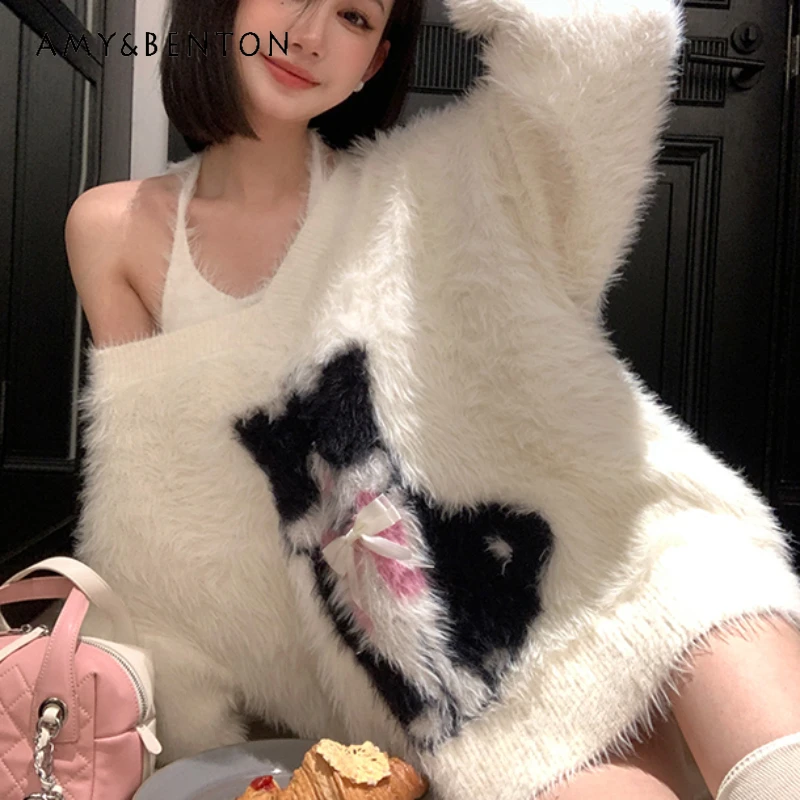 Cartoon V-neck Large Sweater Women's Clothing Autumn And Winter White Faux Mink Velvet Hot Girl Mid-Length Knitted Top Pullovers