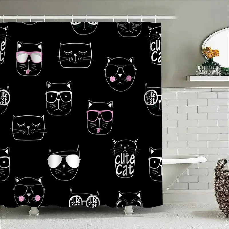 الحديثة القط الأسود طباعة دش الستار ديكور المنزل حمام نسيج مقاوم للماء 72x84 بوصة القطط السوداء النظارات الشمسية نص أبيض لطيف Ca #4