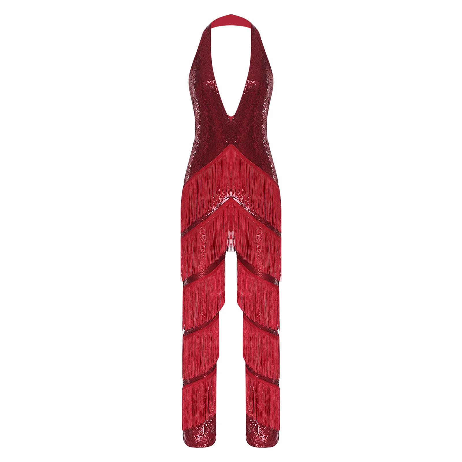 Monos de baile con borlas y lentejuelas brillantes para mujer, leotardos para actuación en escenario de Tango Cha-cha latino, traje de baile Sexy con espalda descubierta y cuello Halter